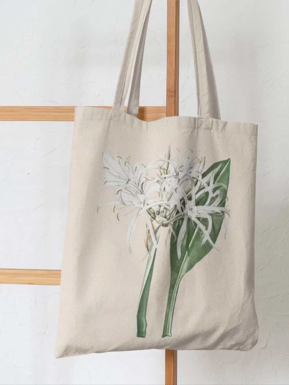 Green-Tinged Spiderlily Vintage Floral Print Graphic Canvas Tote Bag
